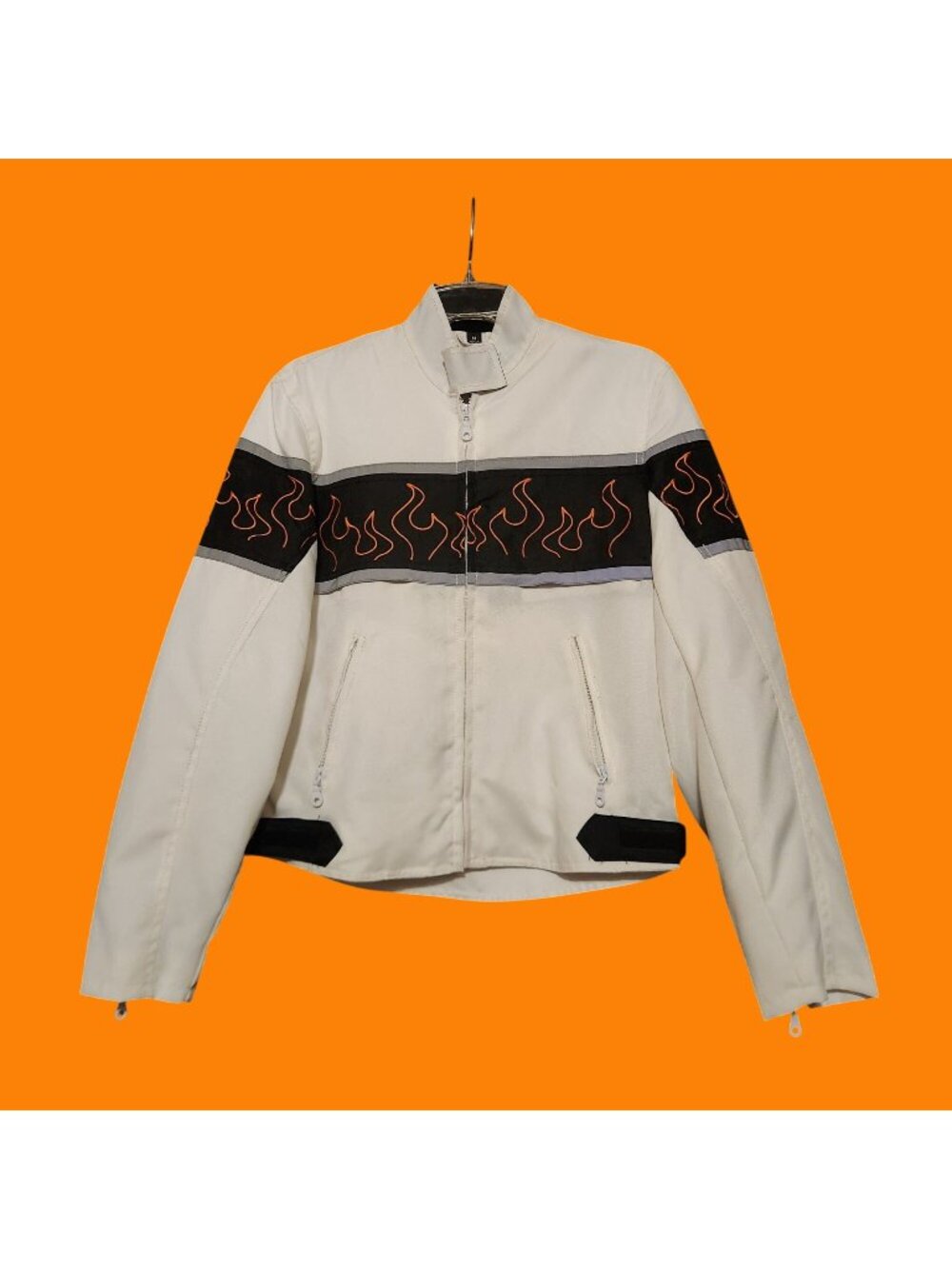 Bikers Dream Apparel White Jacket with Orange Flame Design Polyester Zip-Up